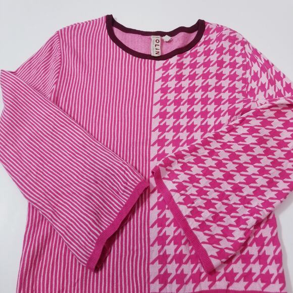 Anthropologie Dolan Striped and Houndstooth Pink Sweater - Picture 1 of 11